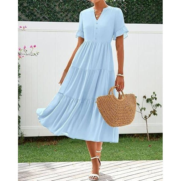 MSRP $26 BTFBM Women's XL Sky Blue Summer Dresses V Neck Loose Short Sleeve