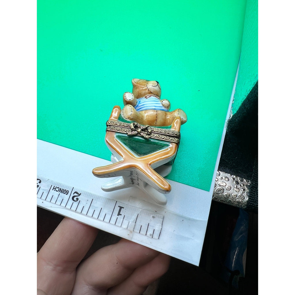 Vtg Limoges France Porcelain Teddy Bear In Director's Chair Trinket Box