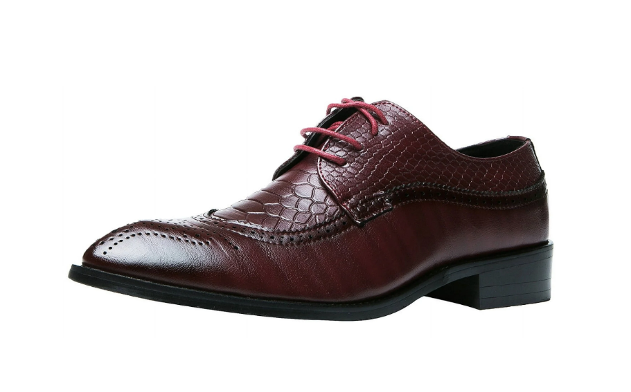 Santimon Men's US 7 - 11 Red Derby Crocodile Pattern Pointed Toe Brogue Shoes