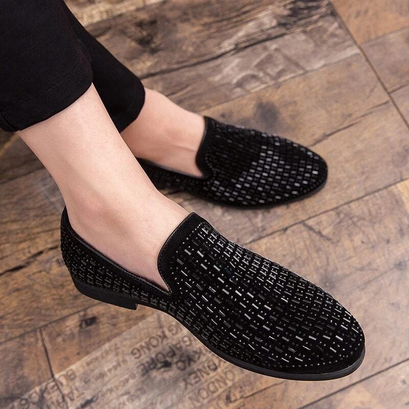 Santimon Men's US 8 Black Rhinestone Slip On Loafers Formal Dress Shoes