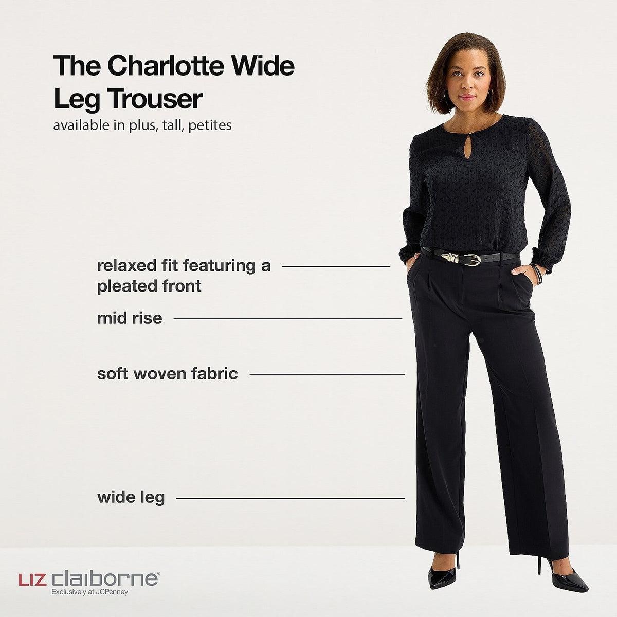 MSRP $74 Liz Claiborne Charlotte Womens 12 Tall Black Wide Leg Mid Rise Trouser