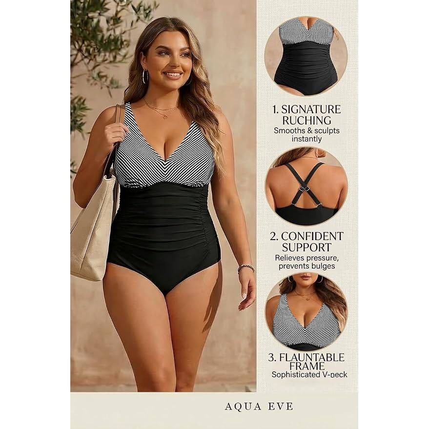 MSRP $48 Aqua Eve Women's 16W One Piece Swimsuit V Neck Tummy Control Bathing