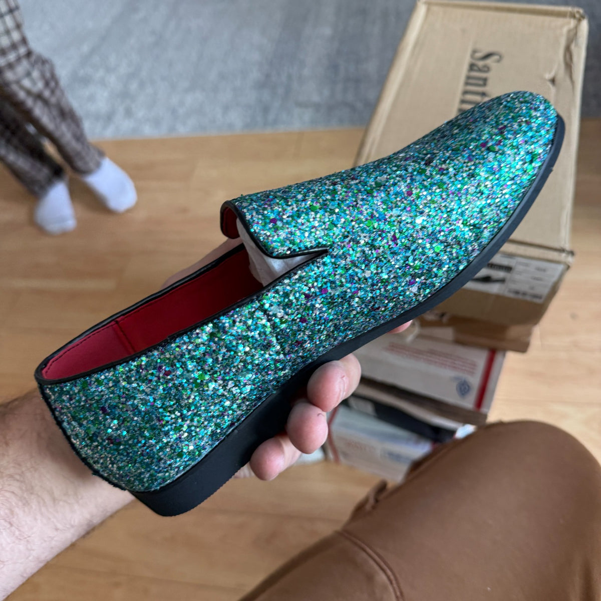 Santimon Men's US 7 - 12.5 Cyan Glitter Slip On Loafers Sequin Dress Shoes