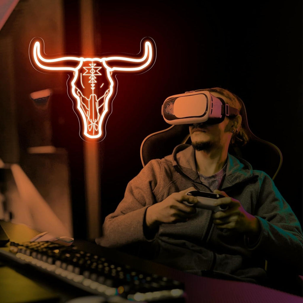 Longhorn Bull Skull Neon Sign For Cowgirl & Cowboy USB Powered Wall Decor, Texa