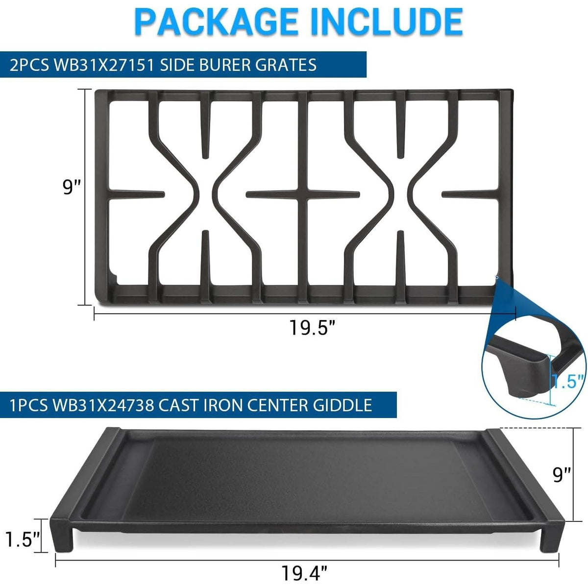 Set of 3 WB31X27151 Side Grate & WB31X24738 Center Griddle Plate Kit Stove Top