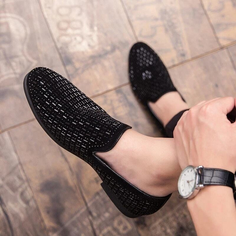Santimon Men's US 8 Black Rhinestone Slip On Loafers Formal Dress Shoes