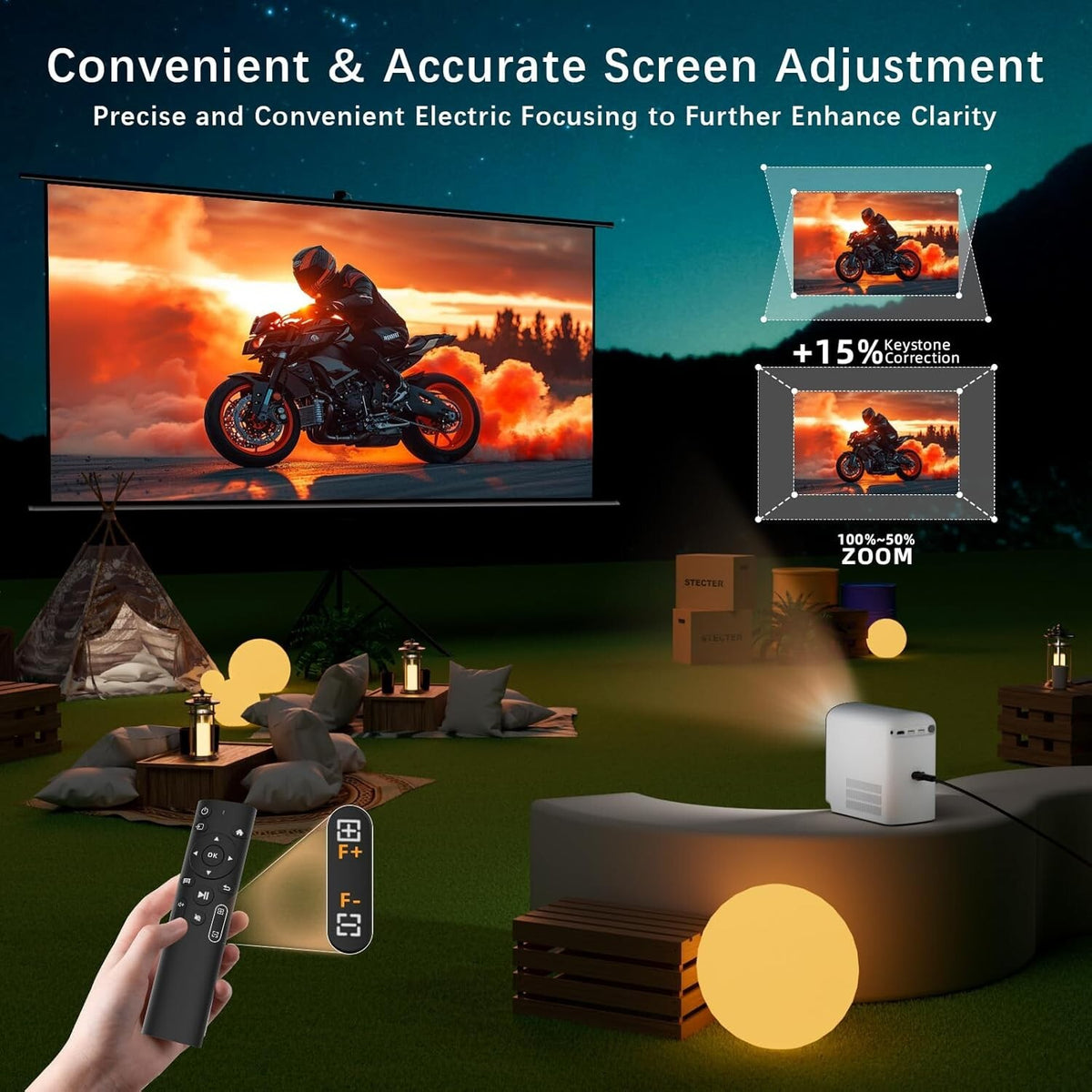 SCREENMAX Electric Focus Mini Projector with WiFi and Bluetooth, Upgraded Portab