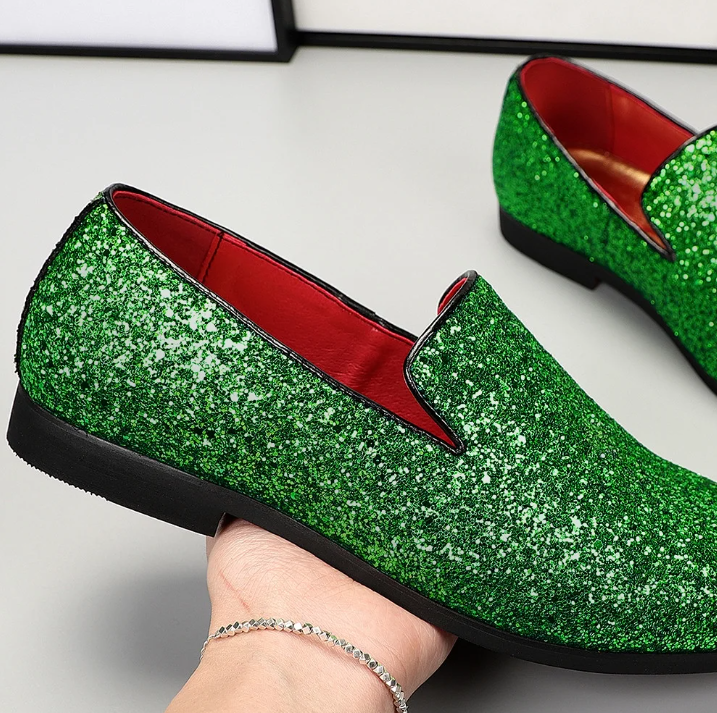 Santimon Men's US 7.5 - 12 Green Glitter Slip-On Loafers Sequin Dress Shoes