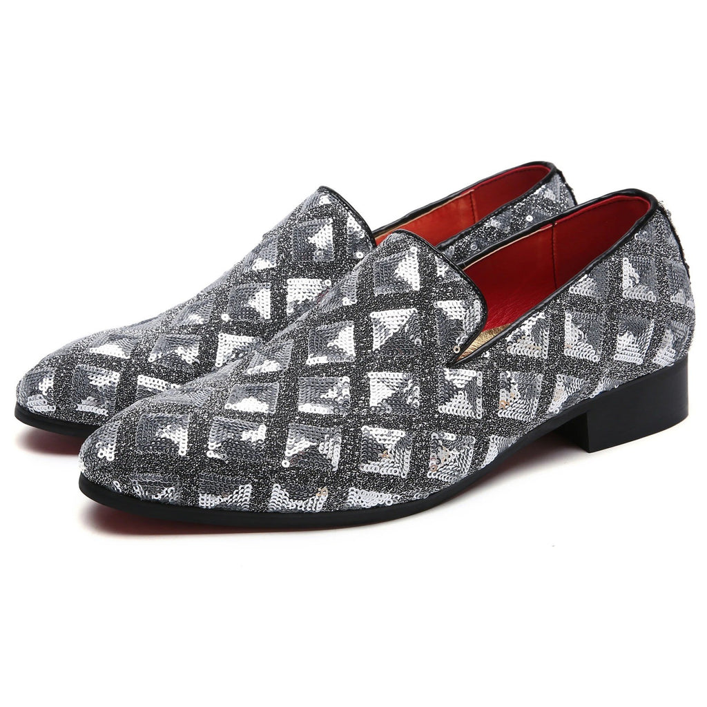 Santimon Mens US 12 Silver Paillette Glitter Smoking Slip On Loafers Dress Shoes