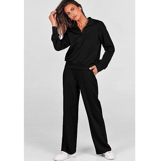 MSRP $46 PRETTYGARDEN Women's S Black 2 Piece Outfits Casual Lapel Half Zip S