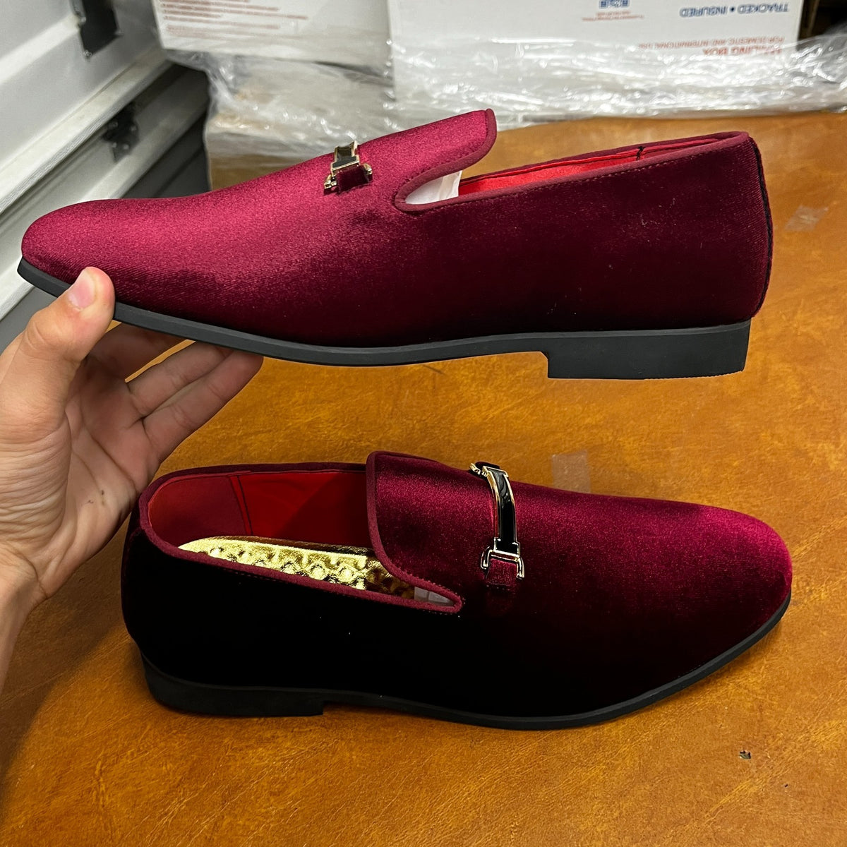 Santimon Men's US 8 - 10 Red Dress Loafers Velvet Horsebit Buckle Moccasin Shoes