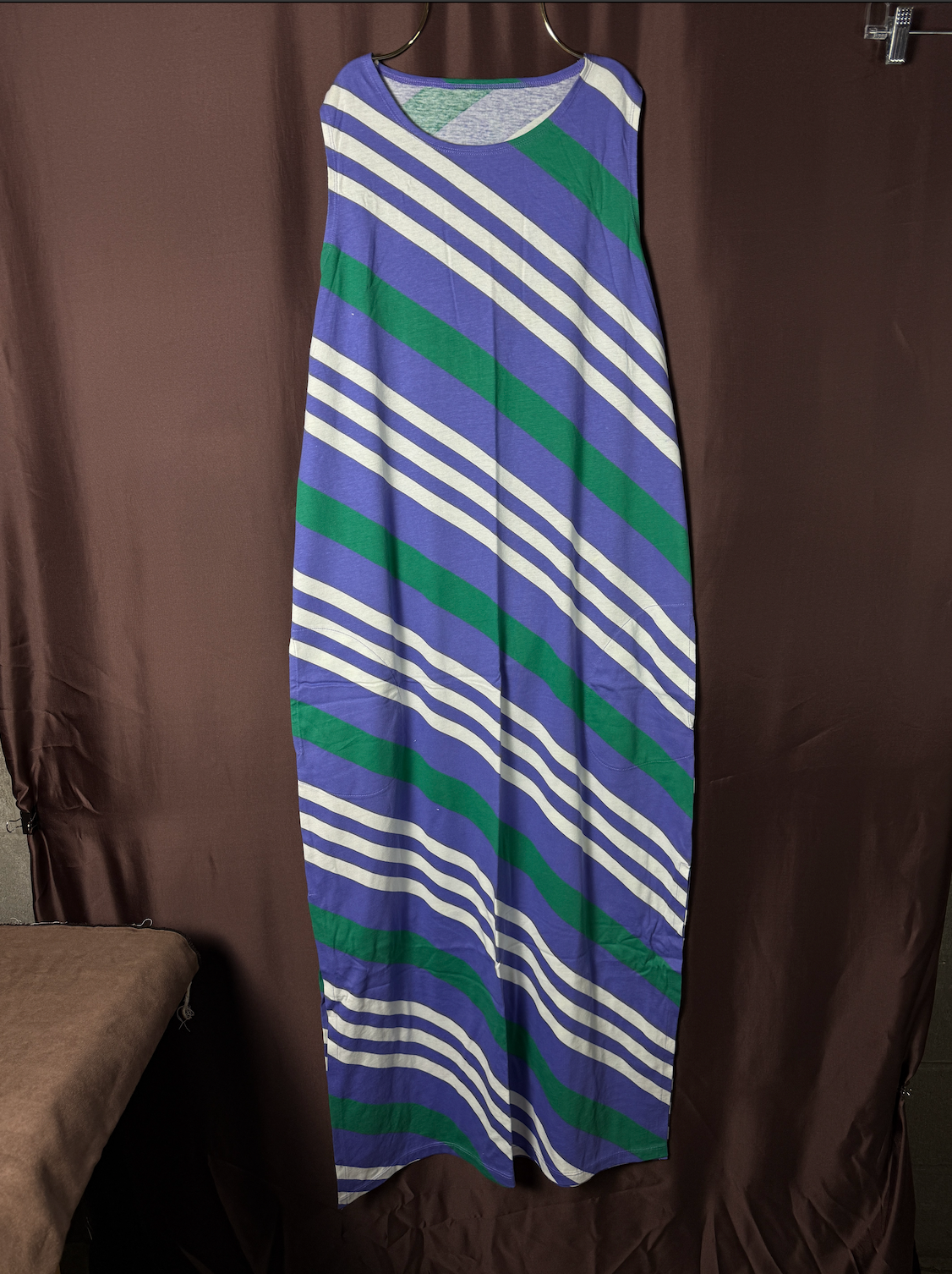 Lands' End Women's M LONG Purple Diagonal Stripe Cotton Sleeveless Maxi Dress Po