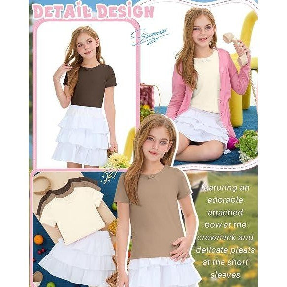 NWT LessonZoo 3 Pack Girls 9-10Y Cream/Khaki/Brown Bow Crewneck Tees Short S