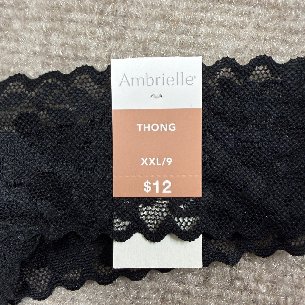 MSRP $12 Ambrielle Womens XXL/9 Black Everyday Lace Thong Panty