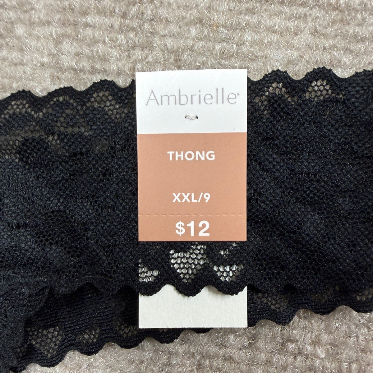 MSRP $12 Ambrielle Womens XXL/9 Black Everyday Lace Thong Panty