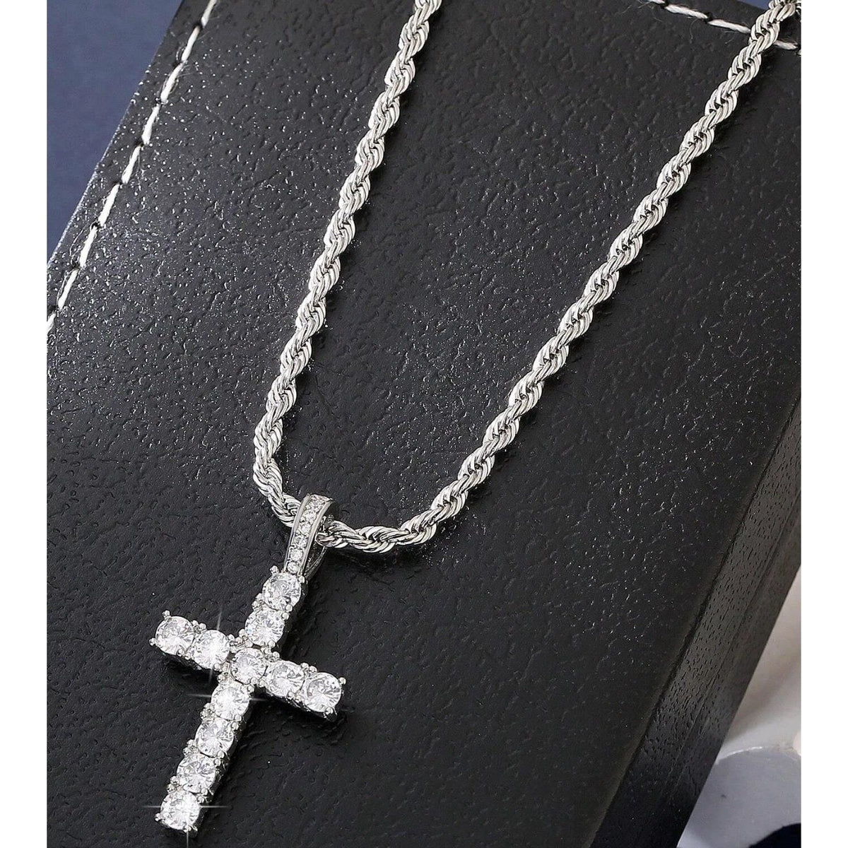 Necklace Cross Pendant Silver Tone Stainless Steel Twisted Rope Chain Women