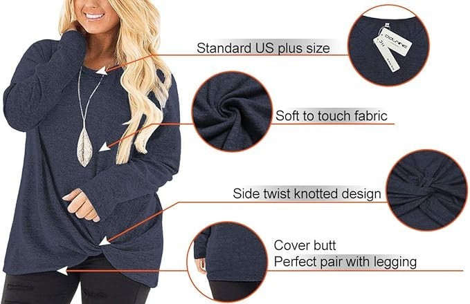 DOLNINE Womens Plus Size 14W Knotted Top Long Sleeve T-Shirt Loose Casual Blouse