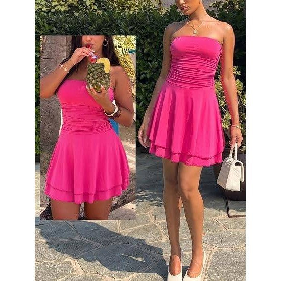 MSRP $49 ECHOINE Womens XS Rose Sexy Tube Top Silk Mini Dress Strapless Ruffle
