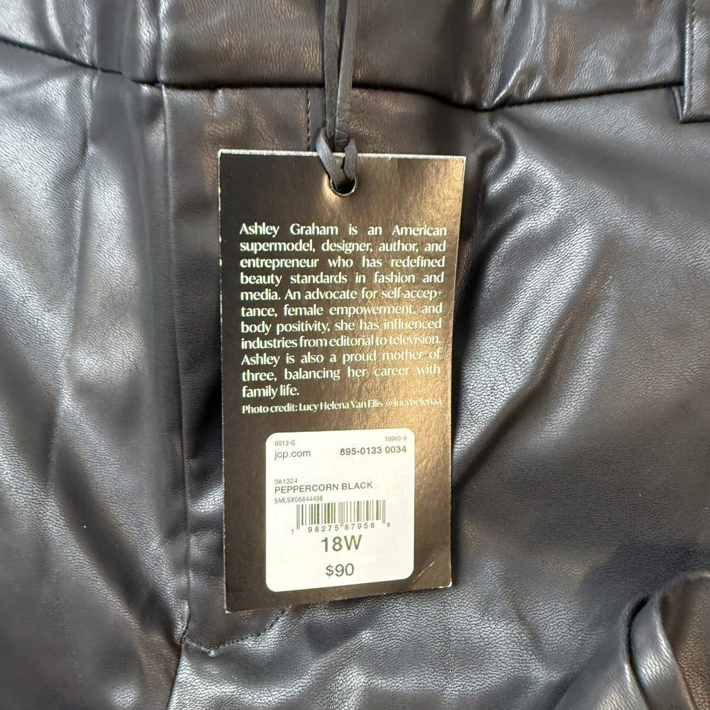 MSRP $90 Ashley Graham Womens 18W Peppercorn Black Faux Leather Trouser Straight