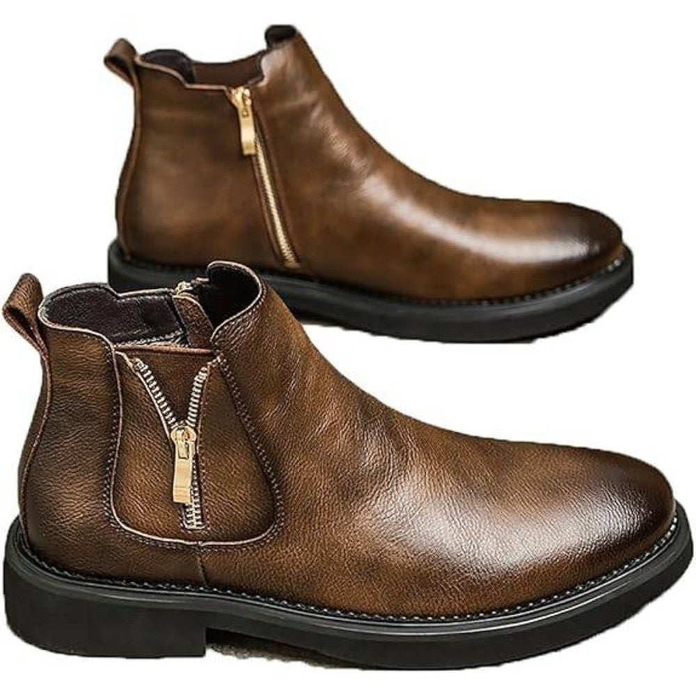 Santimon Men's US 9.5 Brown Leather Double Side Zipper Casual Dress Ankle Boots