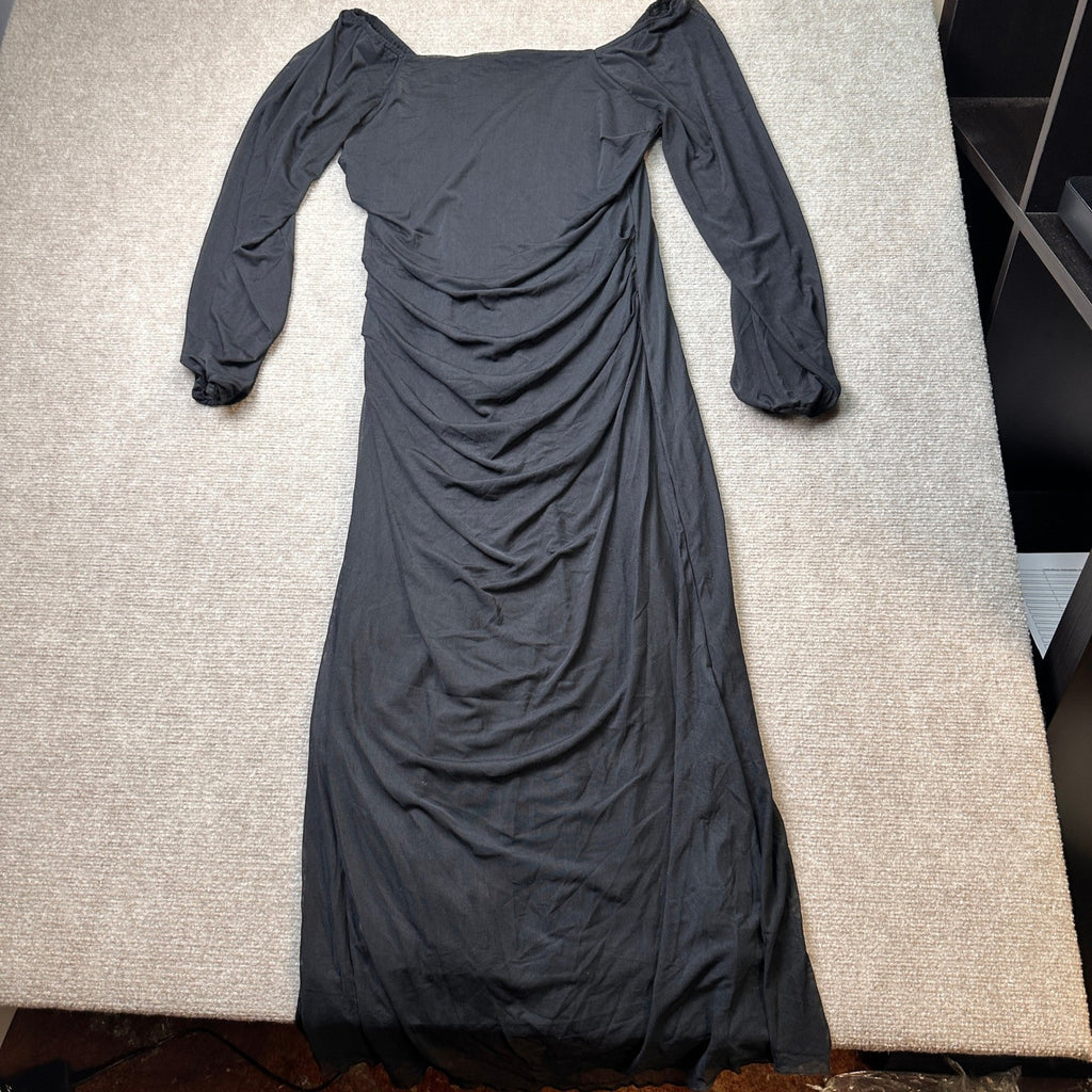 MSRP $60 AISWI L Black Mesh Ruched Maternity Dress Long Sleeves Square Neck
