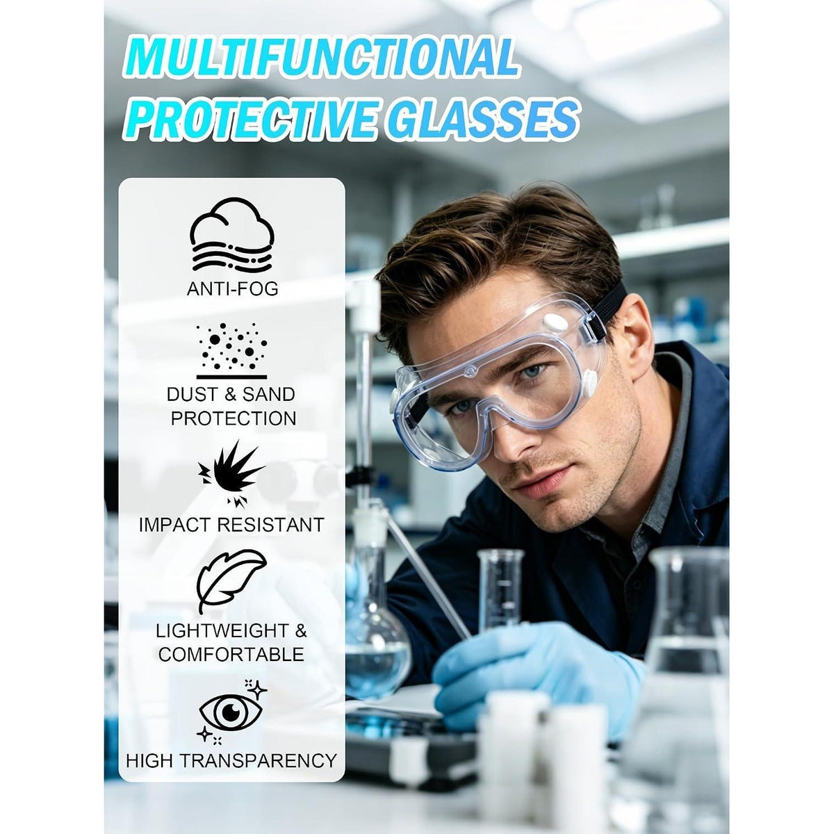 Pack of 2 Safety Goggles Over Glasses, Clear Anti Fog Protective Adjustable El