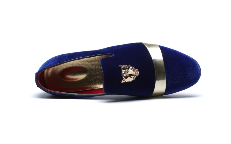 Santimon Mens US 7-11 Blue Velvet Loafers Golden Animal Buckle Slip-On Shoes