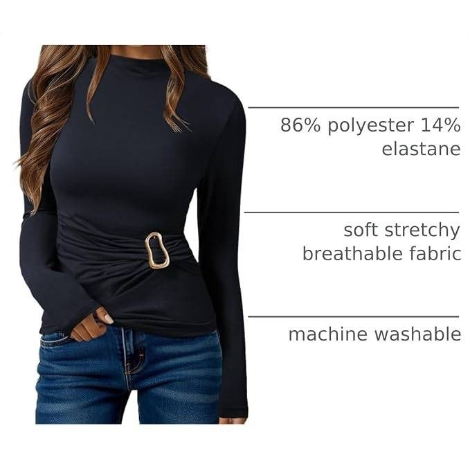 Pink Queen Women's M Long Sleeve Shirt Mock Neck Cinched Waist Fit Top Navy