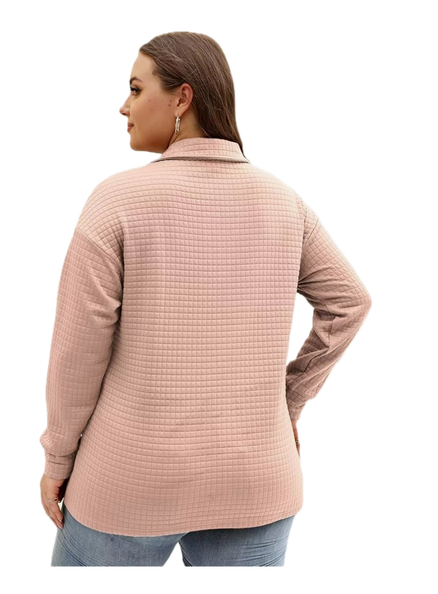 Womens Plus Size 3XL Sweatshirt Lapel Collar Casual Long Sleeve Tunic Top Pink