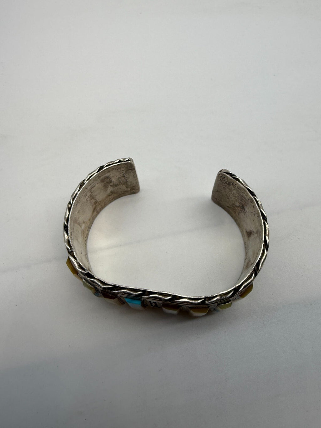 Vintage Navajo Sterling Silver Mother Of Pearl MOP Turquoise Inlay Cuff Bracelet