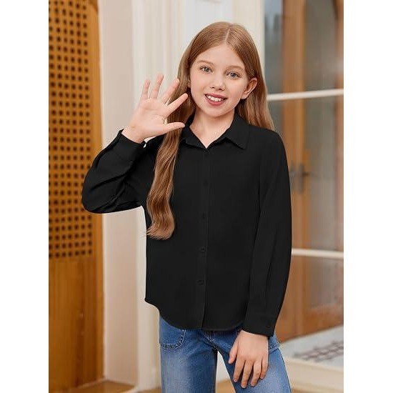 MSRP $20 Haloumoning Girls 11-12Y Black Button Down Shirts Kids Long Sleeve Sc