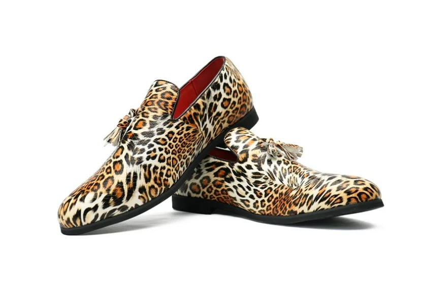 Santimon Men's US 7.5, 11 Leopard Print Tassel Slip On Loafers Dress Shoes
