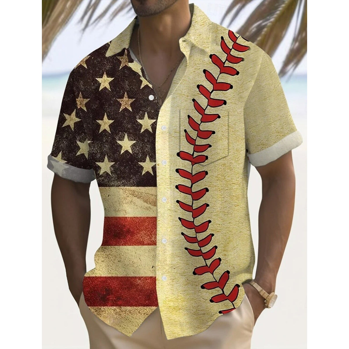 Men's M American Flag Baseball Button Up Shirt Short Sleeve USA Patriotic Casual