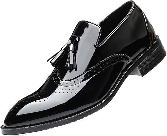 Santimon Men's US 8 Black Patent Leather Wingtip Tassel Loafers Dress Shoes