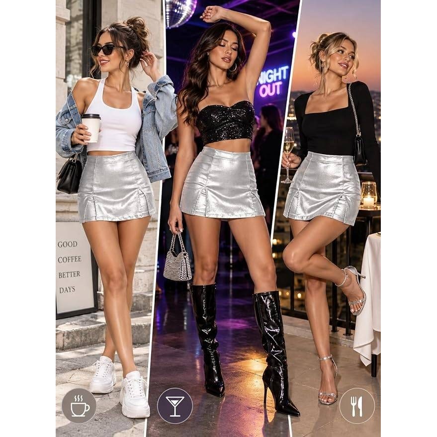 MSRP $39 SOFIA'S CHOICE Women's M Silver Faux Leather Skort High Waist Mini Sk