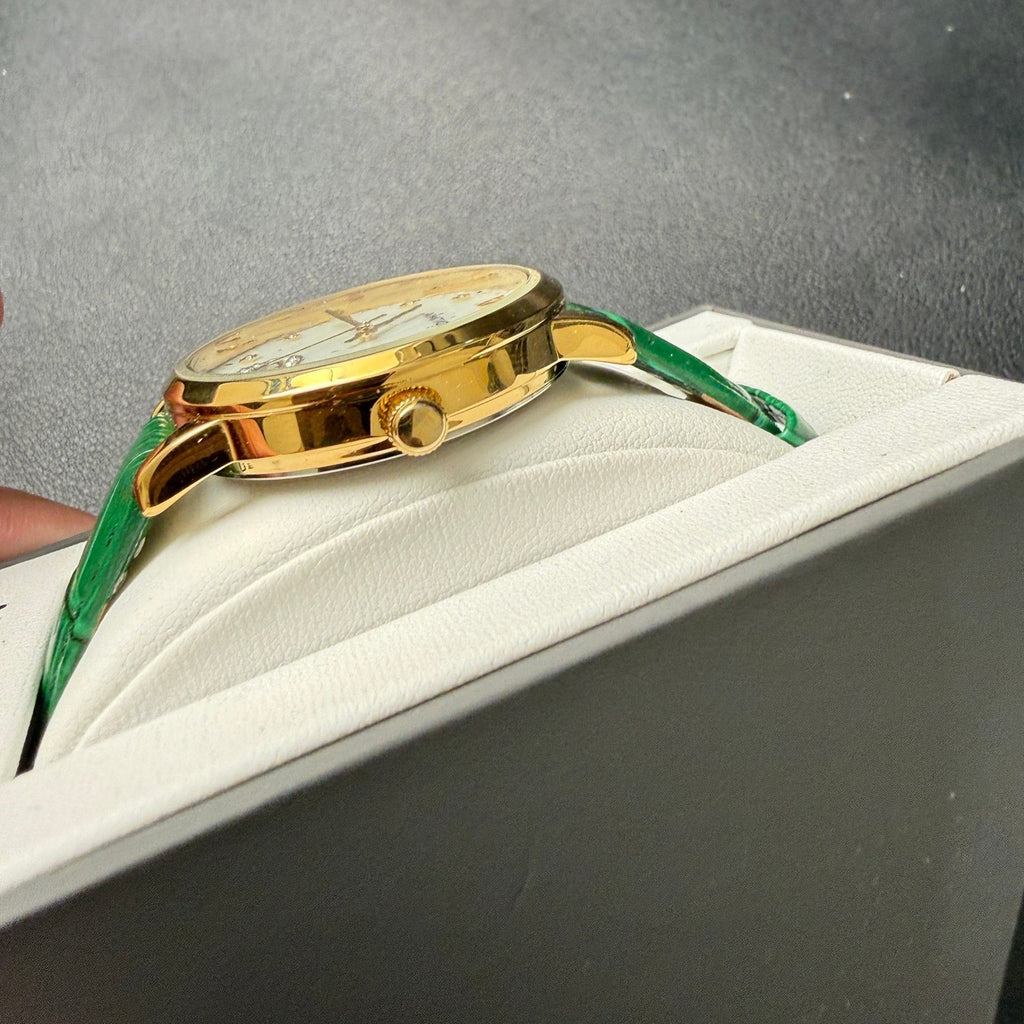 Armitron 75/5834GP Women's Gold Tone Crystal Green Leather Strap Watch New Batt
