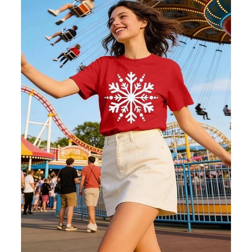 Wlizszu Women's XL Christmas T-Shirt Cute Snowflake Graphic Holiday Shirt Short