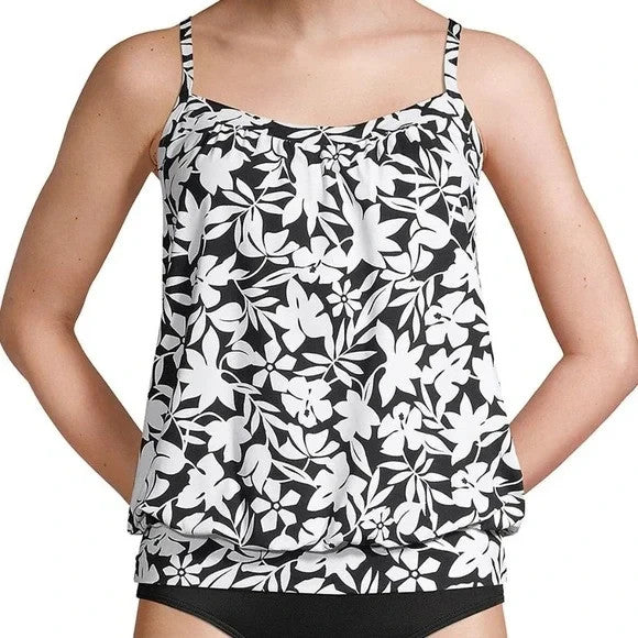 Lands' End Women's 2-4 LONG Blouson Tankini Swim Top White/Black Havana Floral S