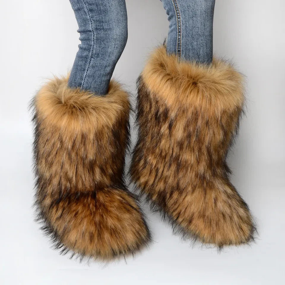Women's US 10.5 -11 Hot Faux Fur Brown Boots Fuzzy Fluffy Furry Round Toe Winter