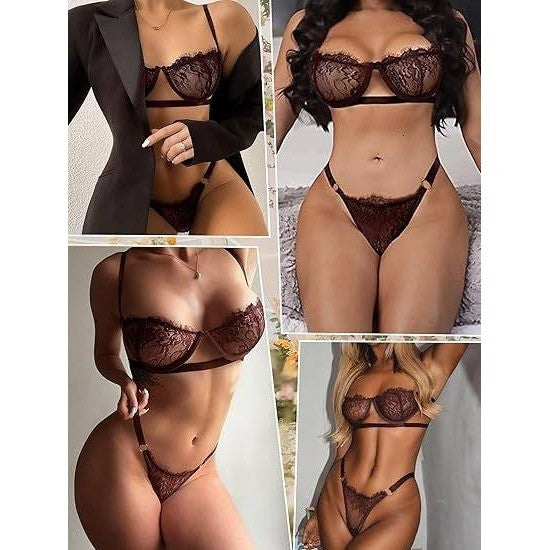 MSRP $26 Dlsave Women's M Brown 2 Piece Sexy Lingerie Eyelash Lace Mesh Match