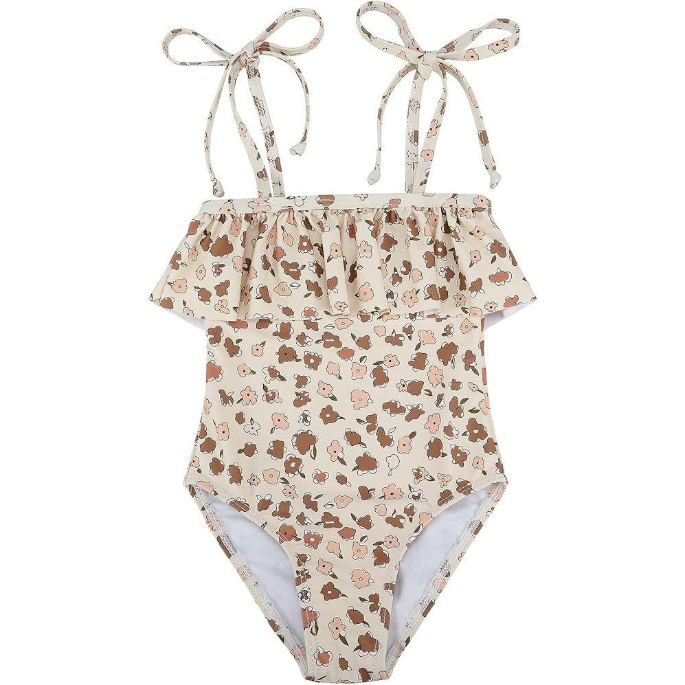 Zando Toddler 2-3T Khaki Flowers Swimsuit Girl Cute Ruffle Adjustable Bathing