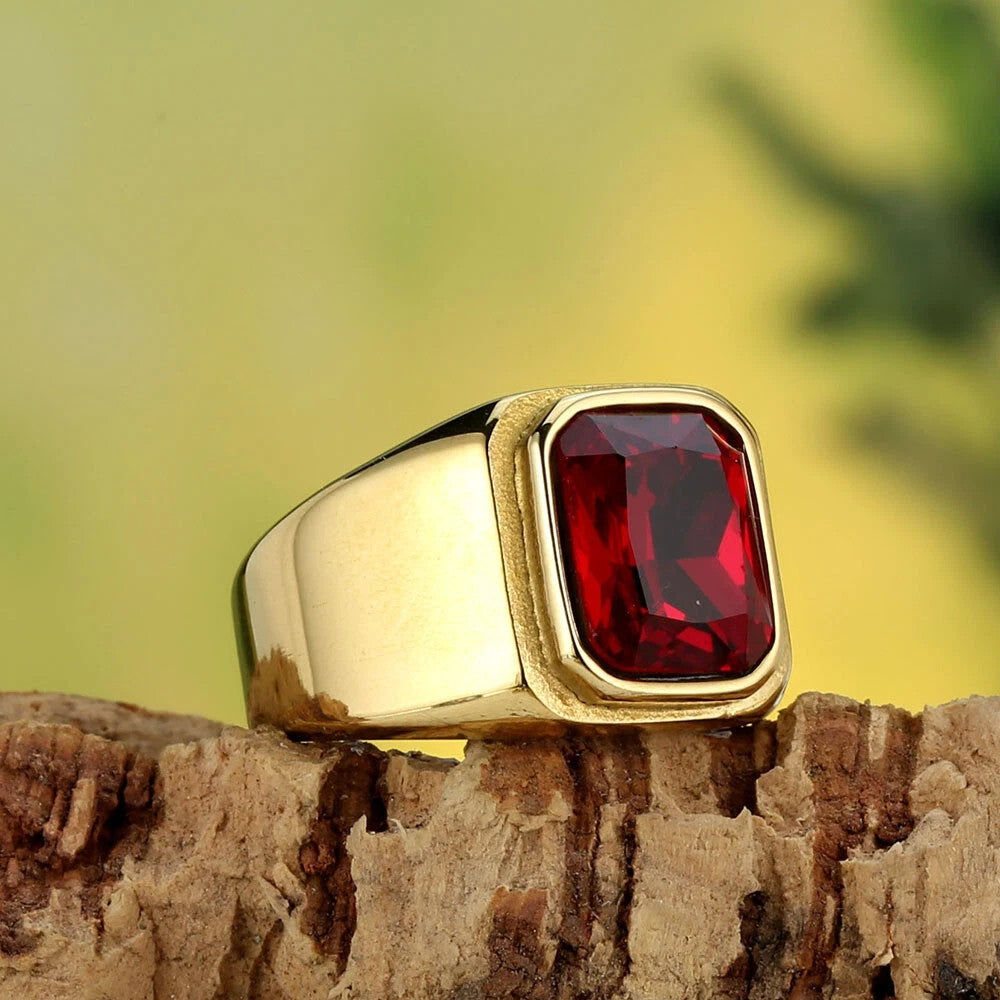 Men's Gold Tone Red CZ Square Stone Ring Stainless Steel Statement Size 8-12