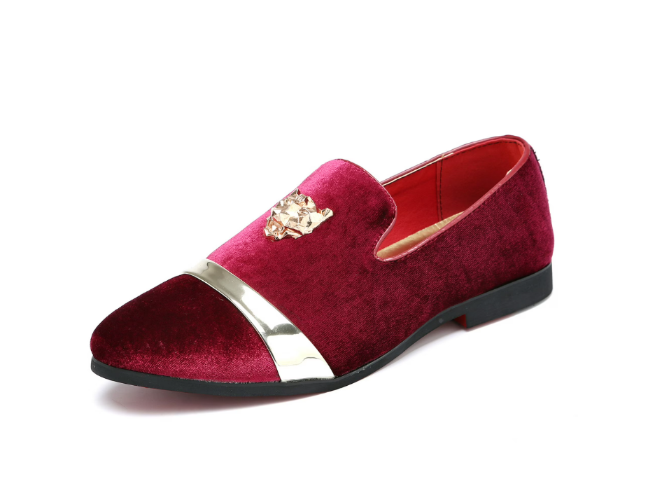Santimon Mens Red US 6.5, 8 Velvet Loafers Golden Animal Buckle Slip-On Formal D