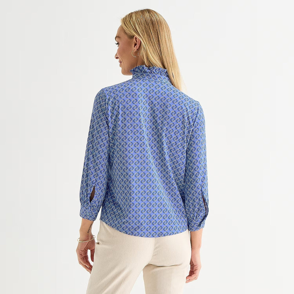 MSRP $48 Liz Claiborne Womens XS Blue Linked Geo 3/4 Sleeve Blouse