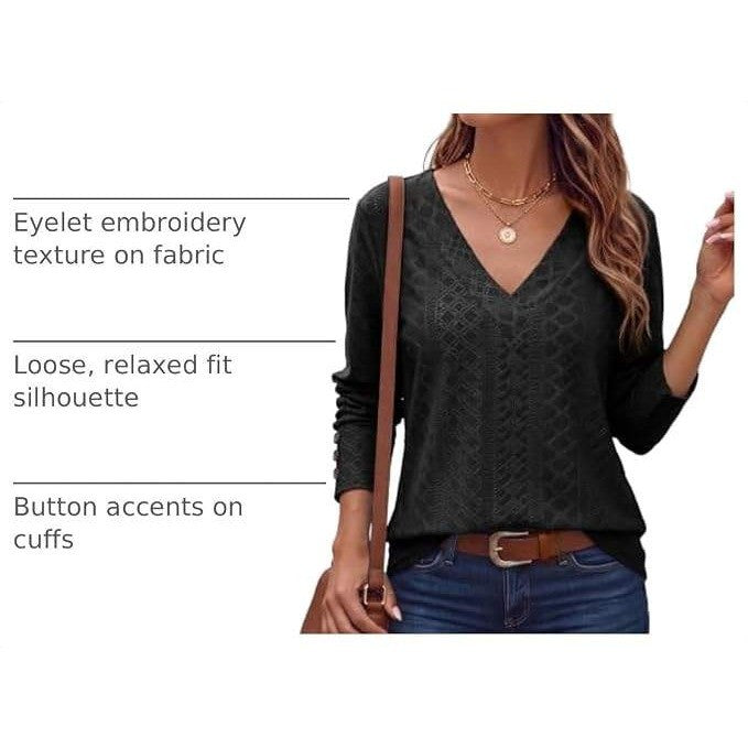 MSRP $24 Dokotoo Women's M Black V Neck Long Sleeve Eyelet Embroidered Blouse