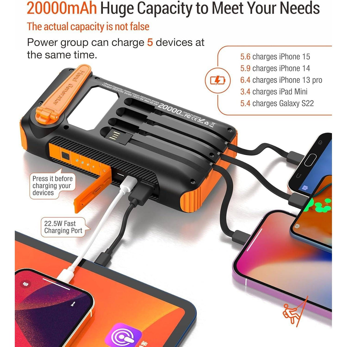 Solar Power Bank 20000mAh Orange Built in Hand Crank 4 Cables 22.5W Fast Charge