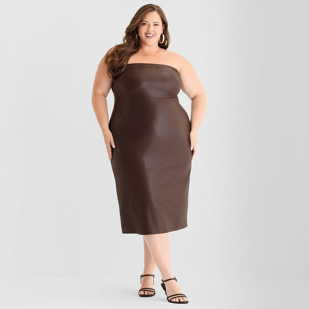 MSRP $100 Ashley Graham Womens 18W-26W Sienna Faux Leather Midi Dress Sheath