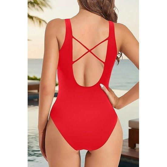 MSRP $45 Aqua Eve Women's L Red Sexy One Piece Swimsuits Plunge Deep V Neck