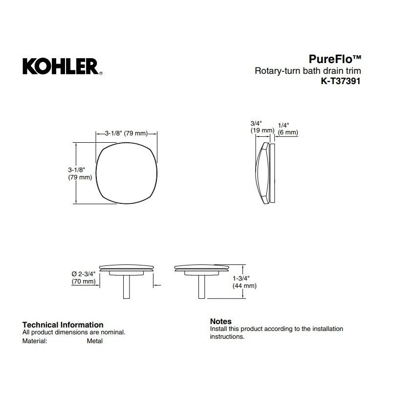 Kohler T37391 PureFlo Rotary-Turn Bath Drain Trim Vibrant Polished Brass