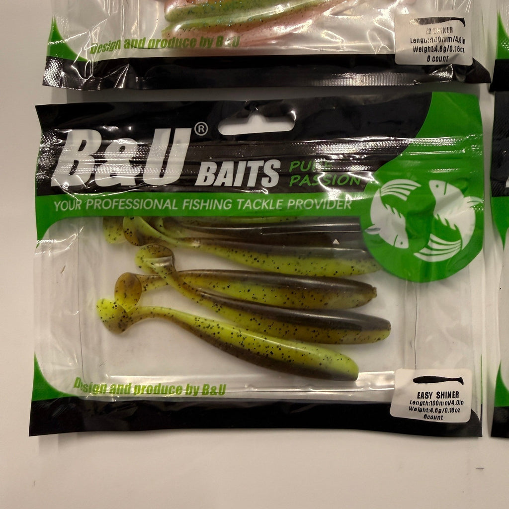 Set of 4 (6 pcs Each) B&U Baits Easy Shiner 4" Fishing Soft Lures Green Pink